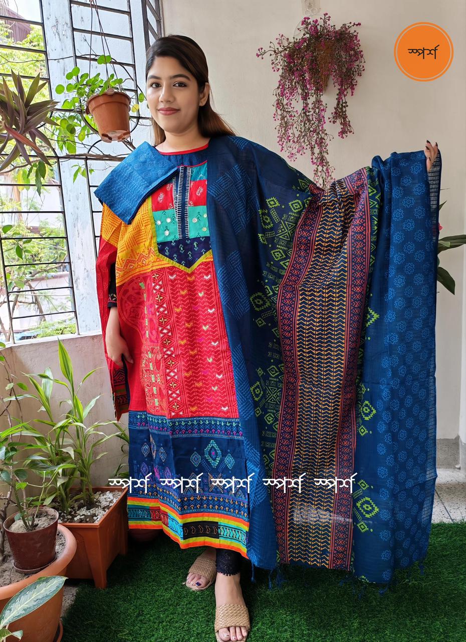 💠 ১০০% সূতি বুটিক থ্রী- পিছ (টাইডাই বাটিক, ব্লক & সুতার কাজ করা)💠