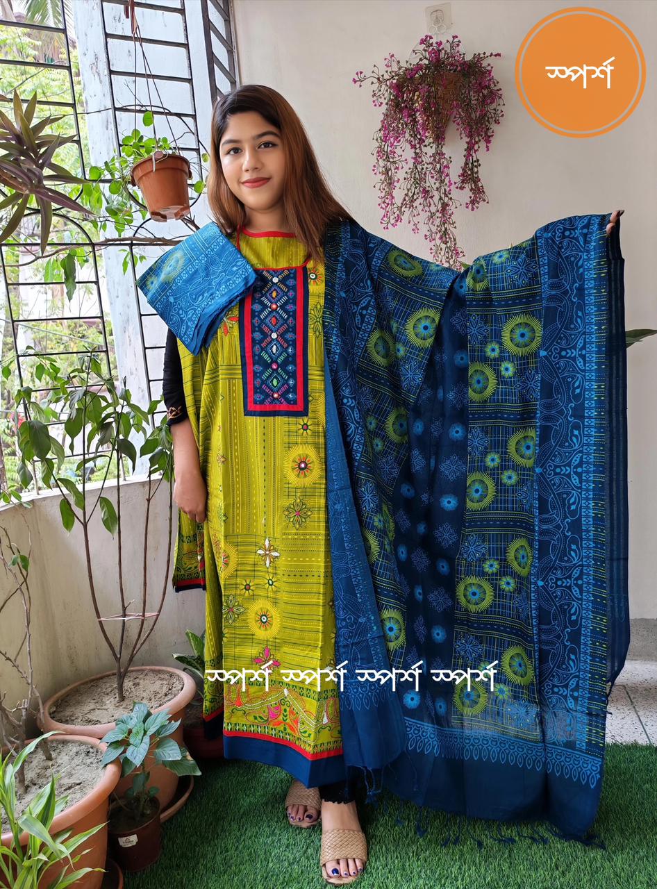 💠 ১০০% সূতি বুটিক থ্রী- পিছ (টাইডাই বাটিক, স্কিন- ব্লক & সুতার কাজ করা)💠